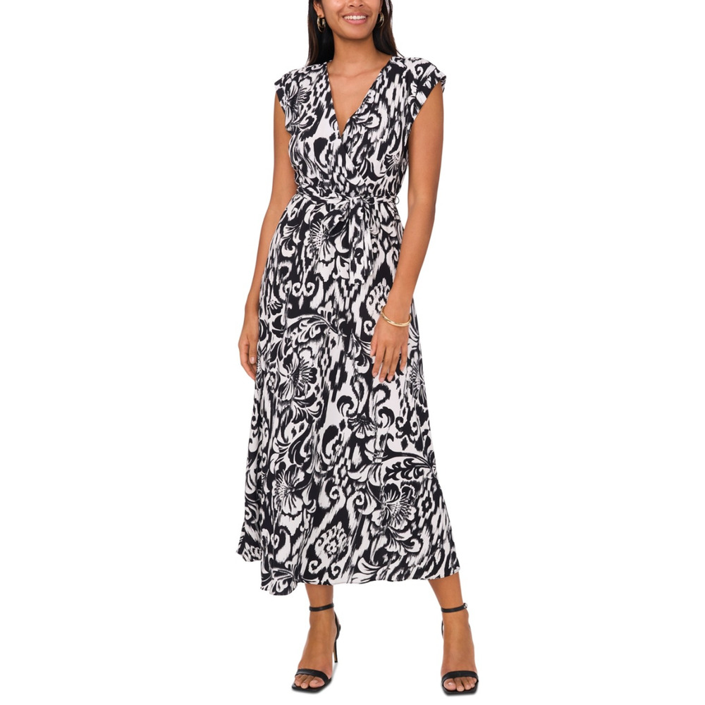 Sam & Jess Women Printed V-Neck Belted Maxi Dress Black/White Size L